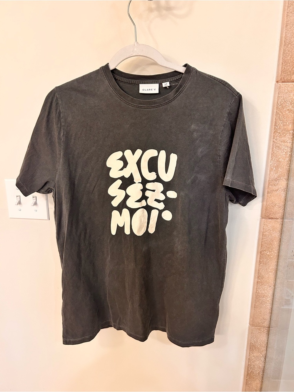 Clare V Washed Black Tee with Cream 'Excusez-Moi' Graphic
